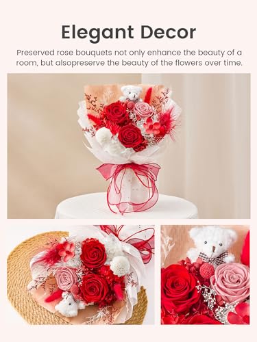 Polylove Forever Flower Bouquet Flowers for Delivery Prime Preserved Roses with Bear Gift Box for Wife Women Mother Day Anniversary Birthday (Red) - Image 5