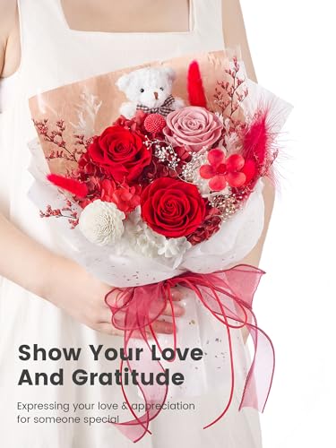 Polylove Forever Flower Bouquet Flowers for Delivery Prime Preserved Roses with Bear Gift Box for Wife Women Mother Day Anniversary Birthday (Red) - Image 3