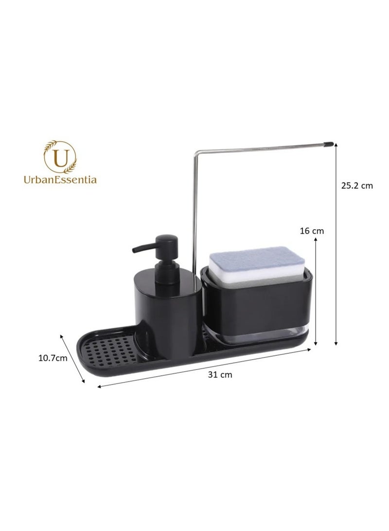 الأساسيات الحضرية مجموعة موزع صابون الأطباق للمطبخ، منظم حوض ٥ في ١ مع مضخة صابون أطباق، موزع صابون يدوي، حامل إسفنج، رف مناشف، وحامل كرة سلكية فولاذية - حامل حوض الكل في واحد. (أسود) - Image 2