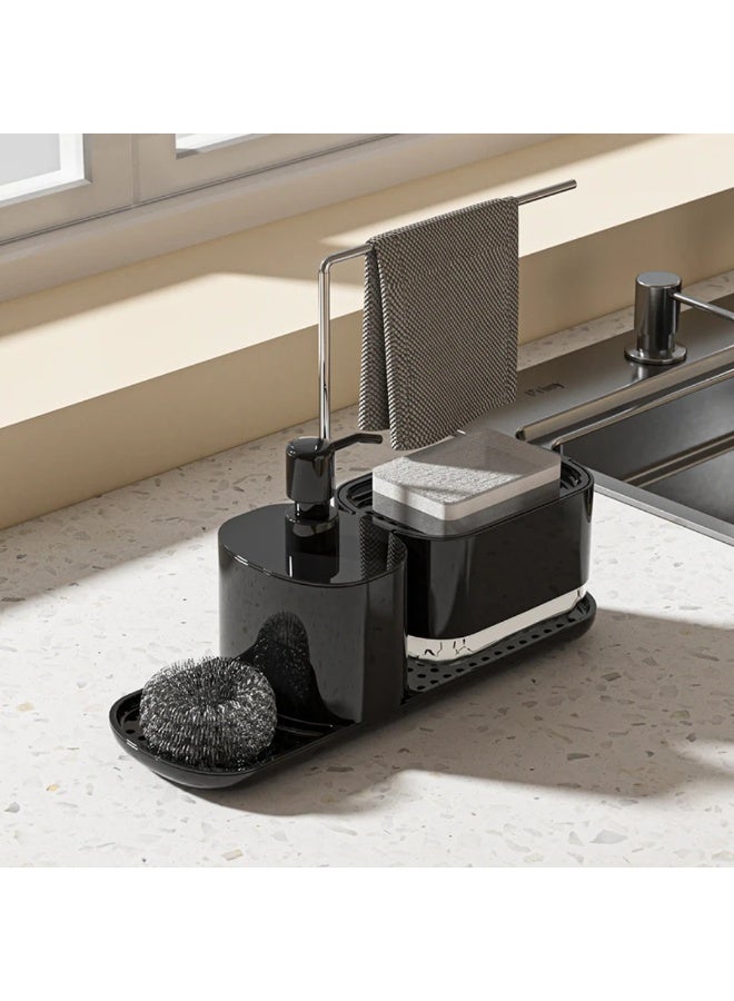 الأساسيات الحضرية مجموعة موزع صابون الأطباق للمطبخ، منظم حوض ٥ في ١ مع مضخة صابون أطباق، موزع صابون يدوي، حامل إسفنج، رف مناشف، وحامل كرة سلكية فولاذية - حامل حوض الكل في واحد. (أسود) - Image 1