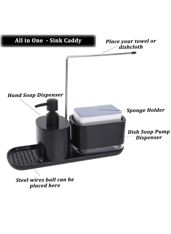 الأساسيات الحضرية مجموعة موزع صابون الأطباق للمطبخ، منظم حوض ٥ في ١ مع مضخة صابون أطباق، موزع صابون يدوي، حامل إسفنج، رف مناشف، وحامل كرة سلكية فولاذية - حامل حوض الكل في واحد. (أسود) - Image 4