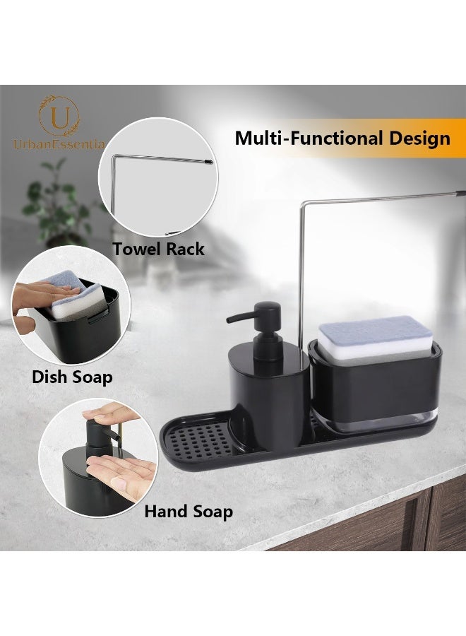 الأساسيات الحضرية مجموعة موزع صابون الأطباق للمطبخ، منظم حوض ٥ في ١ مع مضخة صابون أطباق، موزع صابون يدوي، حامل إسفنج، رف مناشف، وحامل كرة سلكية فولاذية - حامل حوض الكل في واحد. (أسود) - Image 3
