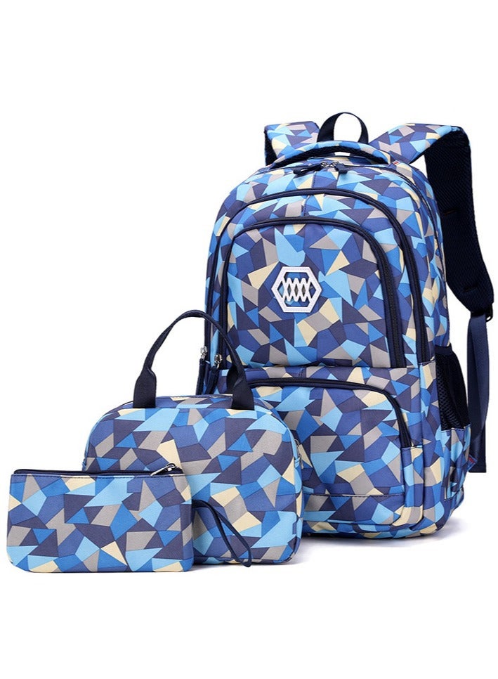 AUTOYSUR مجموعة حقيبة ظهر وحقيبة غداء بطبعة هندسية للبنات والأولاد، حقائب كتب للمرحلة الابتدائية والمتوسطة، حقيبة مدرسية مكونة من 3 قطع مع حقيبة غداء وحافظة أقلام (كبيرة - زرقاء) - Image 1