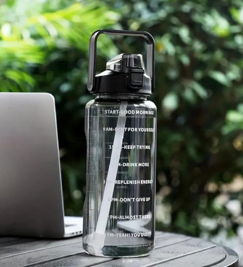 4Mura 2 L Capacity Belt Straw Transparent Motivational Water Bottles|Time Marker Leak Proof&Break-Proof|Best Usage For Office/School/Gym/Travel Bottle|Bpa-Free Fitness Sports Bottle (BLACK) - Image 2