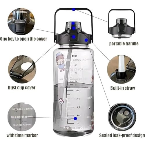4Mura 2 L Capacity Belt Straw Transparent Motivational Water Bottles|Time Marker Leak Proof&Break-Proof|Best Usage For Office/School/Gym/Travel Bottle|Bpa-Free Fitness Sports Bottle (BLACK) - Image 4