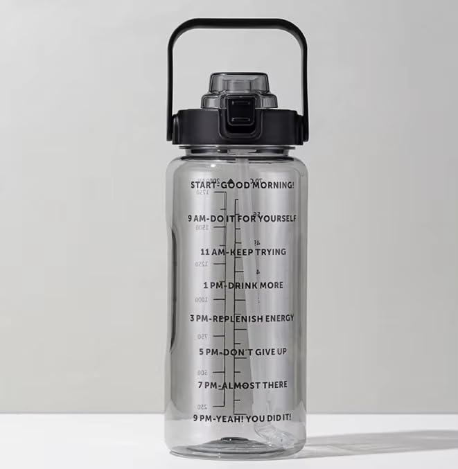 4Mura 2 L Capacity Belt Straw Transparent Motivational Water Bottles|Time Marker Leak Proof&Break-Proof|Best Usage For Office/School/Gym/Travel Bottle|Bpa-Free Fitness Sports Bottle (BLACK) - Image 1
