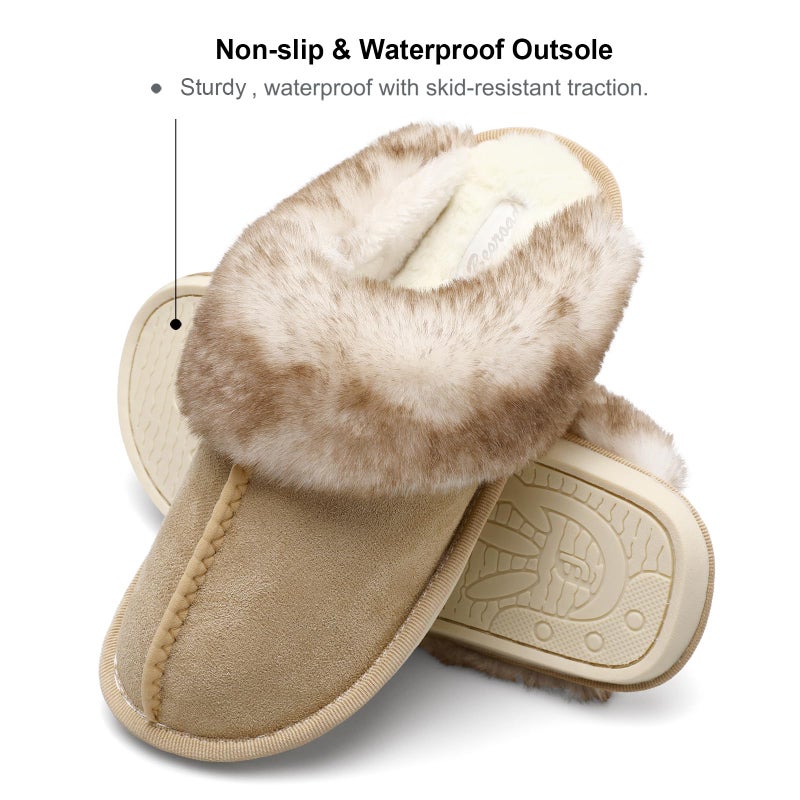 Besroad Womens Furry Slides House Shoes Fluffy Bedroom Slippers Cozy Memory Foam Plush Slippers Brown 10-11 - Image 5