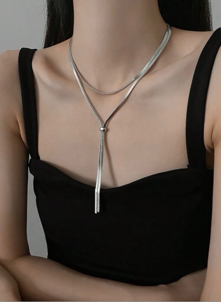 Casual collection Elegant Stainless Steel Siver Played Long Necklace For Women - Image 1