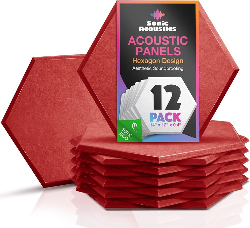 Sonic Acoustics حزمة من 12 لوحة صوتية هكسائية من ، مقاسات 14" × 12" × 0.4"، عالية الكثافة، تمتص الصوت، عازلة للصوت، بحواف مائلة، للاستخدام في الاستوديوهات، لون أحمر - Image 1