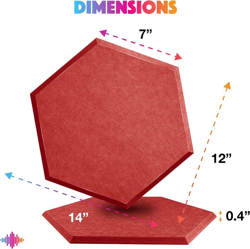 Sonic Acoustics حزمة من 12 لوحة صوتية هكسائية من ، مقاسات 14" × 12" × 0.4"، عالية الكثافة، تمتص الصوت، عازلة للصوت، بحواف مائلة، للاستخدام في الاستوديوهات، لون أحمر - Image 4