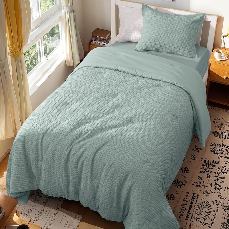 PHF 2 Piece Twin Waffle Weave Comforter Set, Soft Breathable Lightweight Textured Bedding, Set includes 1x Comforter (173 cm x 229 cm) + 1x Pillow Sham (51 cm x 66 cm), Dusty Blue - Image 5