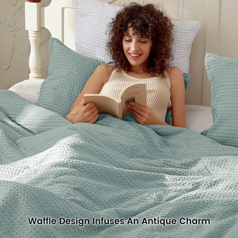 PHF 2 Piece Twin Waffle Weave Comforter Set, Soft Breathable Lightweight Textured Bedding, Set includes 1x Comforter (173 cm x 229 cm) + 1x Pillow Sham (51 cm x 66 cm), Dusty Blue - Image 2