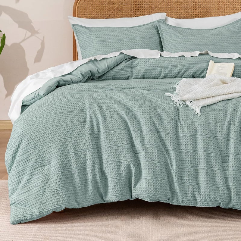 PHF 2 Piece Twin Waffle Weave Comforter Set, Soft Breathable Lightweight Textured Bedding, Set includes 1x Comforter (173 cm x 229 cm) + 1x Pillow Sham (51 cm x 66 cm), Dusty Blue - Image 1