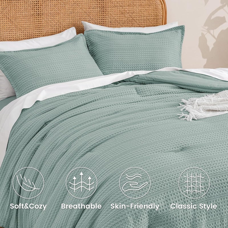PHF 2 Piece Twin Waffle Weave Comforter Set, Soft Breathable Lightweight Textured Bedding, Set includes 1x Comforter (173 cm x 229 cm) + 1x Pillow Sham (51 cm x 66 cm), Dusty Blue - Image 4