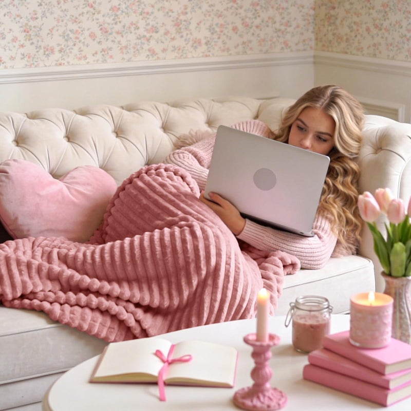 BEDELITE Large Throw Blankets for Couch - 3D Ribbed Jacquard Cute Fuzzy Fleece Blanket, Warm and Breathable Soft Cozy Throw XL Blanket, Dusty Pink - Image 2
