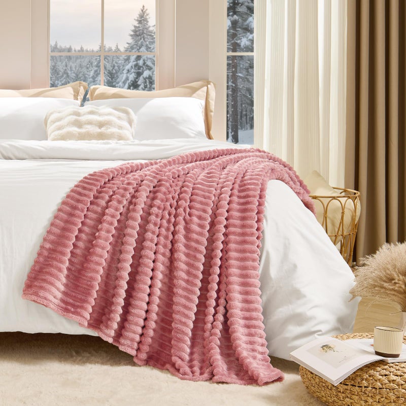 BEDELITE Large Throw Blankets for Couch - 3D Ribbed Jacquard Cute Fuzzy Fleece Blanket, Warm and Breathable Soft Cozy Throw XL Blanket, Dusty Pink - Image 5
