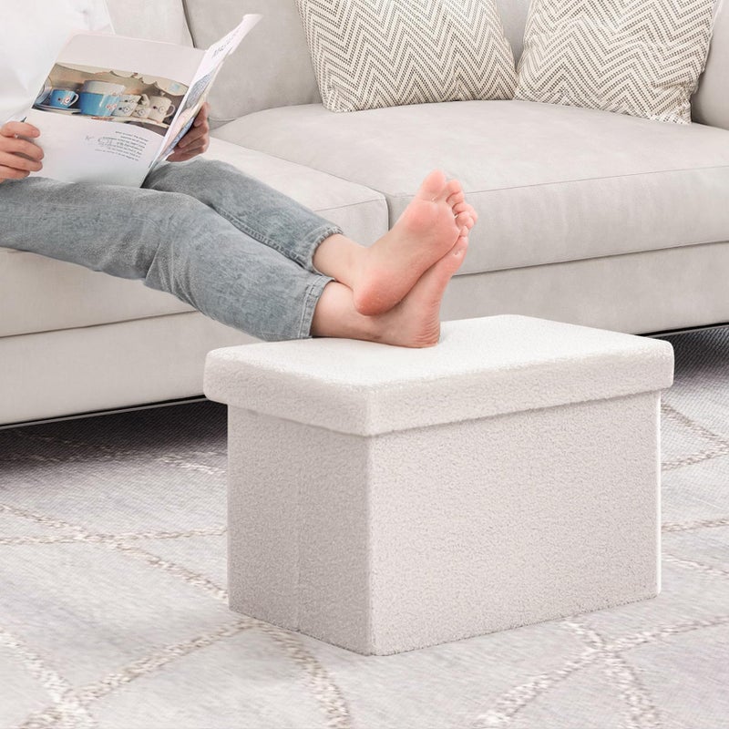 B FSOBEIIALEO Storage Ottoman Cube Small Sherpa Ottoman Foot Rest, Foldable Portable Boucle Ottomans, Faux Teddy Fur, Cream White 16.5"x12.6"x12.6" - Image 4