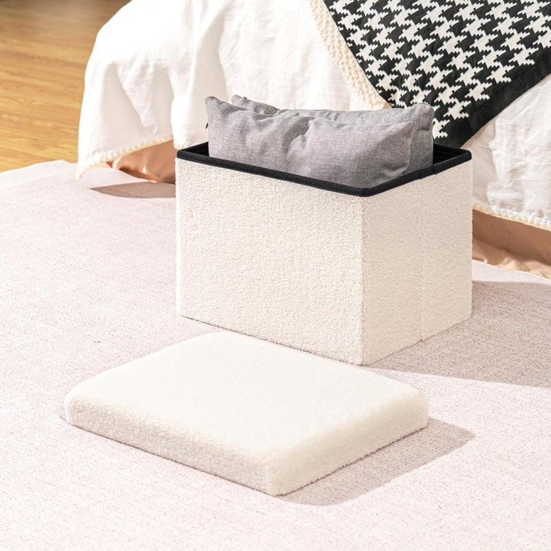 B FSOBEIIALEO Storage Ottoman Cube Small Sherpa Ottoman Foot Rest, Foldable Portable Boucle Ottomans, Faux Teddy Fur, Cream White 16.5"x12.6"x12.6" - Image 2
