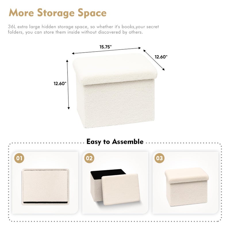 B FSOBEIIALEO Storage Ottoman Cube Small Sherpa Ottoman Foot Rest, Foldable Portable Boucle Ottomans, Faux Teddy Fur, Cream White 16.5"x12.6"x12.6" - Image 5