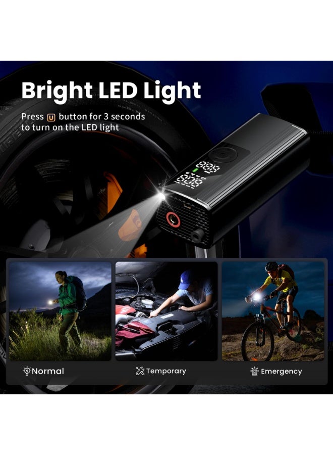 Portable Tire Inflator With 4000mAh Air Compressor, Cordless Air Pump For Car Tires With Digital Pressure Gauge, 150 Psi For Cars, Motorcycles, Bicycles, Swim Rings, Etc., Fast Tire Inflator - Led Light And Automatic Shut-Off, Black - Image 3