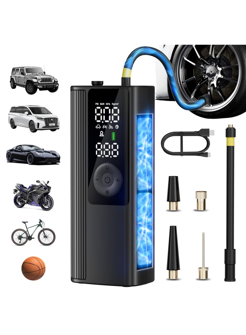 Portable Tire Inflator With 4000mAh Air Compressor, Cordless Air Pump For Car Tires With Digital Pressure Gauge, 150 Psi For Cars, Motorcycles, Bicycles, Swim Rings, Etc., Fast Tire Inflator - Led Light And Automatic Shut-Off, Black - Image 1