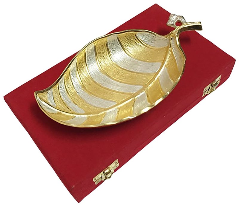 JAIPUR ACE JAIPUR ACE Indian Art Silver and Gold Plated Leaf Platter with Velvet Box Absg00028  - Image 1