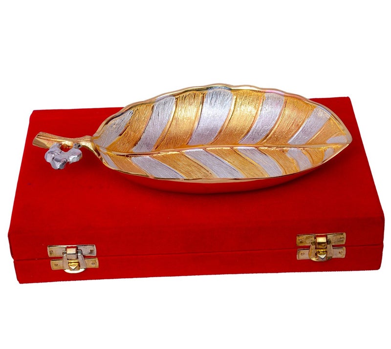 JAIPUR ACE JAIPUR ACE Indian Art Silver and Gold Plated Leaf Platter with Velvet Box Absg00028  - Image 2