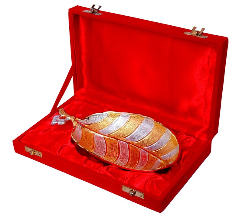 JAIPUR ACE JAIPUR ACE Indian Art Silver and Gold Plated Leaf Platter with Velvet Box Absg00028  - Image 3