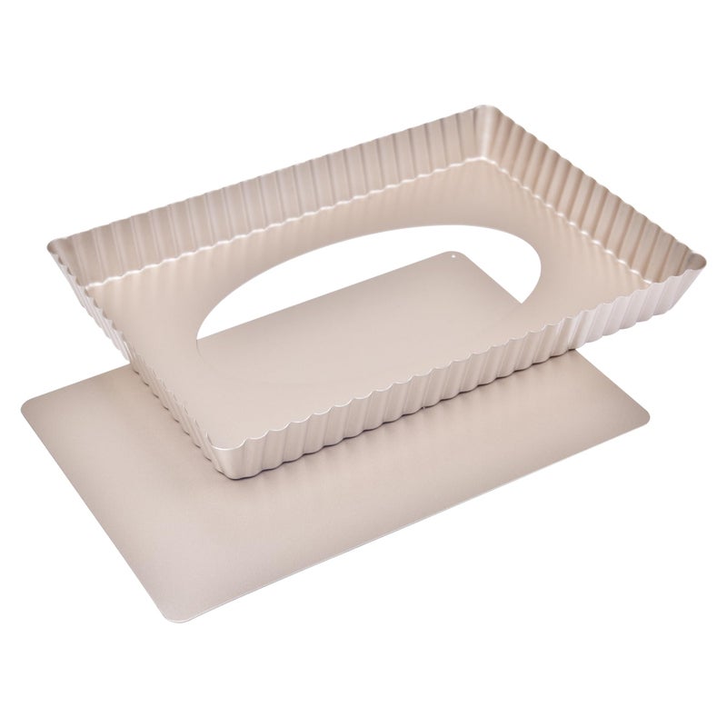Bakeley Rectangle Tart Pan 13Inch with Removable Loose Bottom NonStick Oblong Quiche Bakeware for Oven Baking Champagne Gold