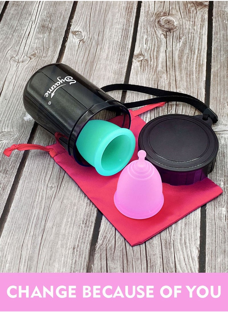 Syarme - Menstrual Cup, Reusable Period Cup, Made of Medical Silicone, Replacement for Tampons and Pads, Contains 2 Menstrual Cups S and L, Washing Sterilizer Bottle and Cloth Bag - Image 1