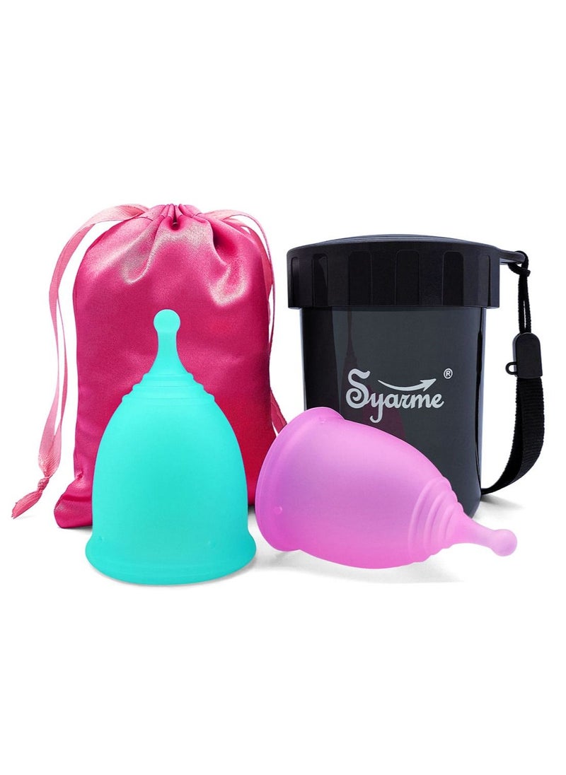 Syarme - Menstrual Cup, Reusable Period Cup, Made of Medical Silicone, Replacement for Tampons and Pads, Contains 2 Menstrual Cups S and L, Washing Sterilizer Bottle and Cloth Bag - Image 1