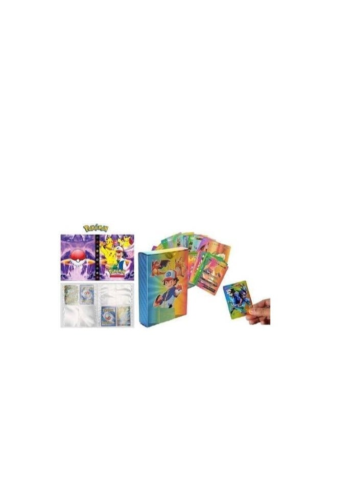 Shuangyu Card Binder with 120 Spaces and 55 Pieces Rainbow Foil Cards | Cartoon Printing Album Pokemon Moon Cards, Gift Card Pack for Kids Boys - Image 2