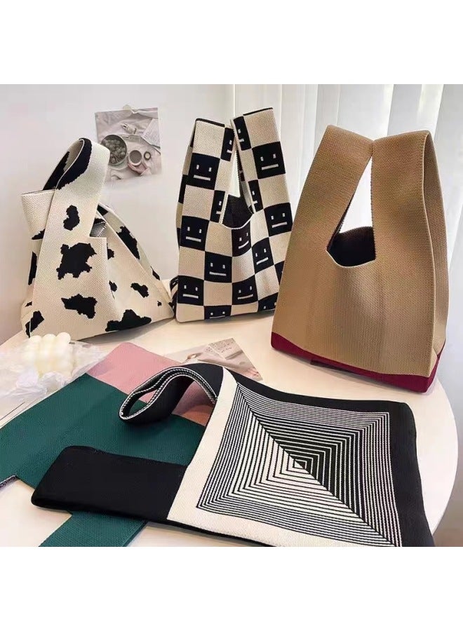 Ins Internet Celebrity Handbag Women's Knitted Wool Bucket Bag Japanese And Korean Style All-Match Hand Casual Tote Bag Lunch Box Bag-Color:Dot - Image 2