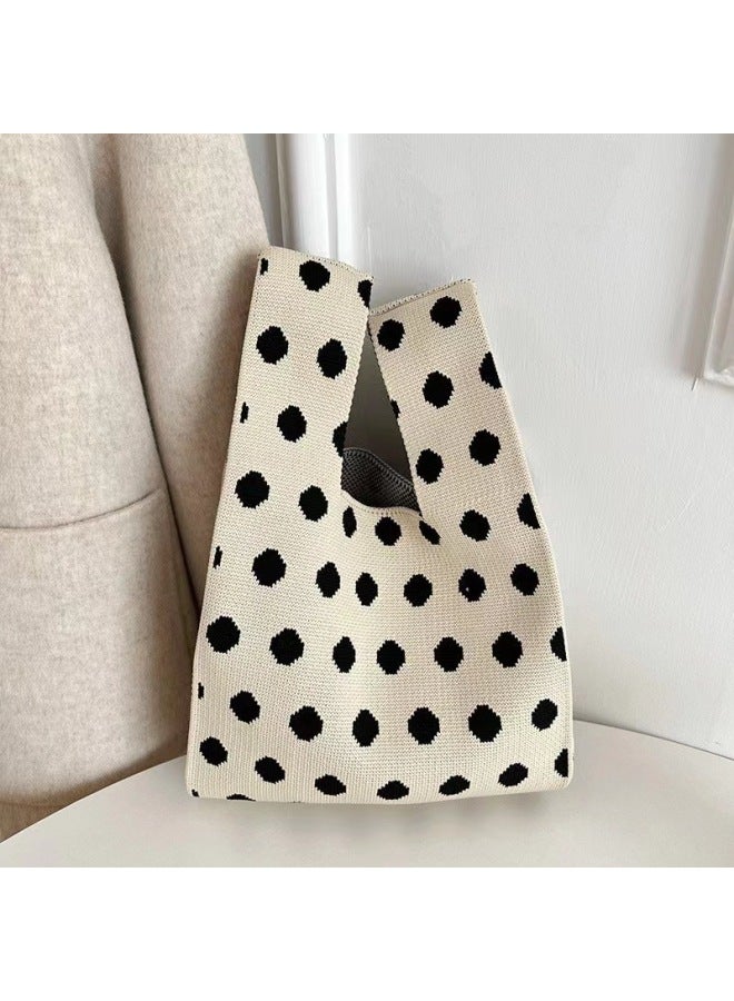 Ins Internet Celebrity Handbag Women's Knitted Wool Bucket Bag Japanese And Korean Style All-Match Hand Casual Tote Bag Lunch Box Bag-Color:Dot - Image 1