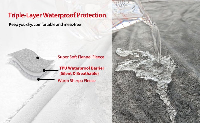 Haltune Waterproof and Stain Proof Blanket for Bed 80''x60'',Queen Size Grey Bed Dry Guard Blanket, Flannel & Sherpa Throw Blanket - Image 4