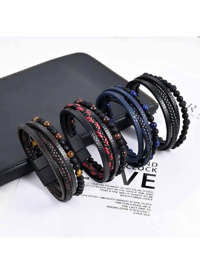 رجالي النمر عين ماتي أسود الجزع الحمم البركانية الحجر البركاني سوار مطرز ، سوار جلدي أسود مضفر للرجال - Image 1