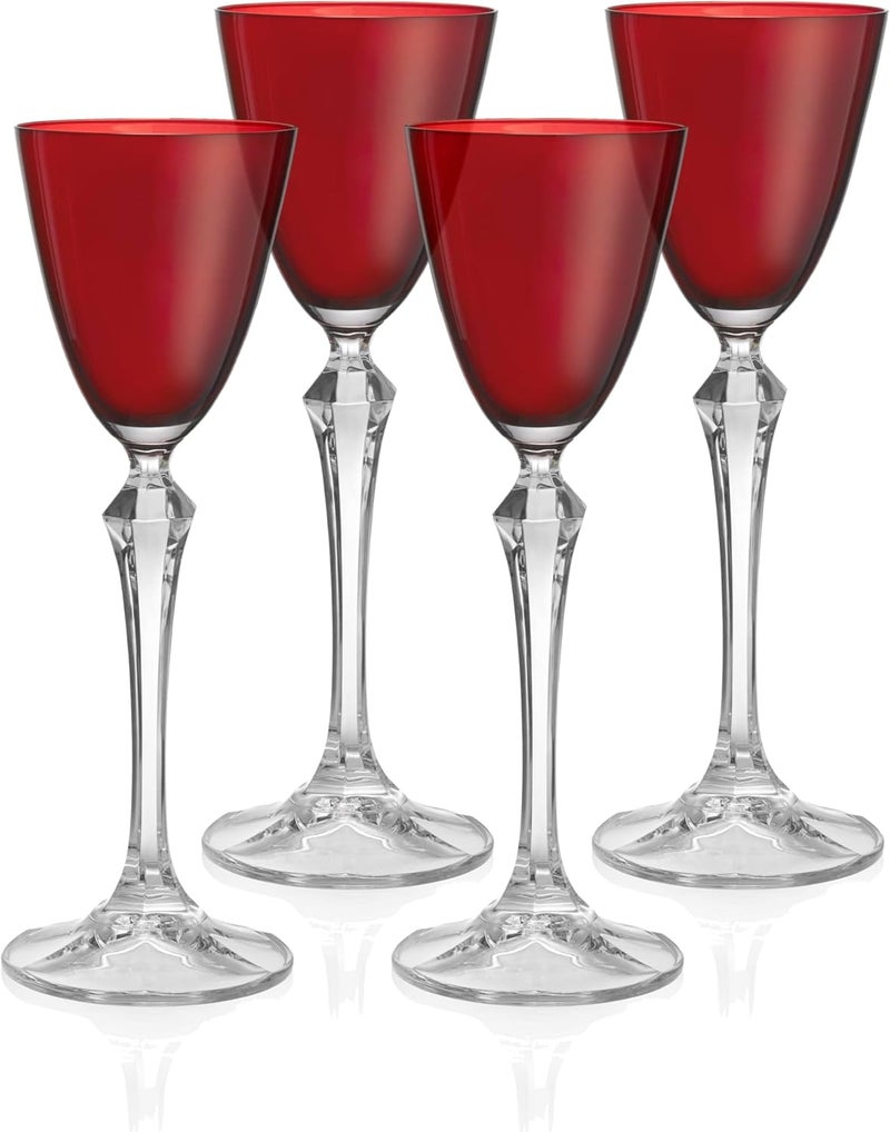 Cordial Glass - Liquor Glass - Set of 4 - Ruby (Red) Colored Top - Clear Stem - Cordial Glasses - Sherry Glasses - Shot Glasses - 3 oz. - Made in Europe