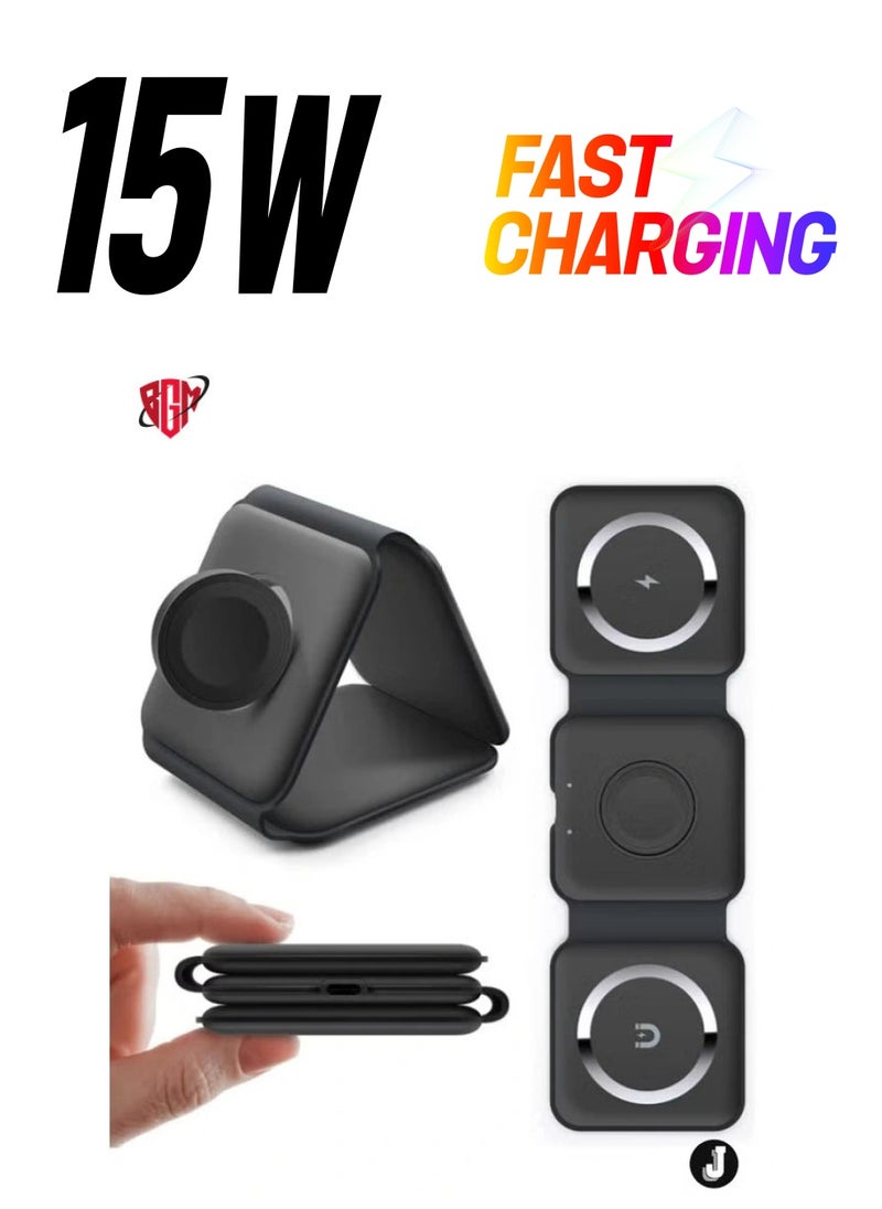 BGM - "NEW 3-in-1 Mag-Safe Wireless Charger 15W Foldable Charging Station for iPhone, Apple Watch & AirPods (Black)" - Image 1