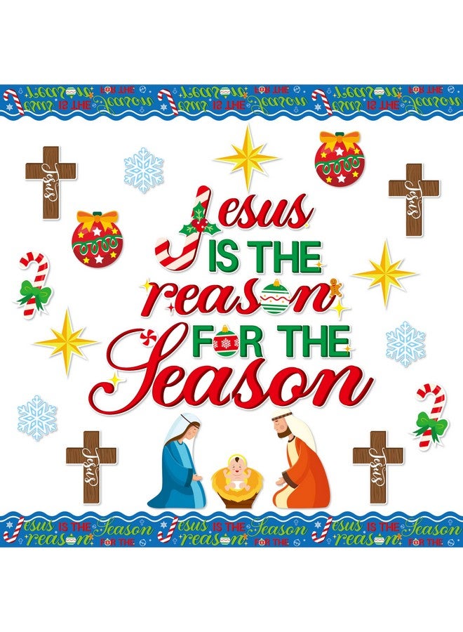 بيومي مجموعة ديكور لوحة إعلانات مقطوعة من 96 قطعة بعنوان "يسوع هو سبب الموسم" لعيد الميلاد ومهد السيد المسيح والإيمان المسيحي والمدرسة الأحدية الدينية وحدود الحائط والكنيسة وديكور الشتاء - Image 1