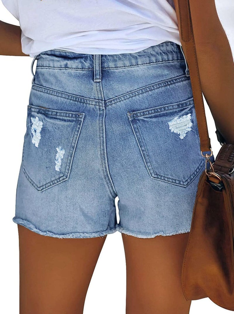 Pink Queen Women's Retro Ripped Denim Jean Shorts Mid Rise Summer Hot Raw Hem Fashion Destroyed Distressed Athletic Shorts with Pockets Light Blue M - Image 3