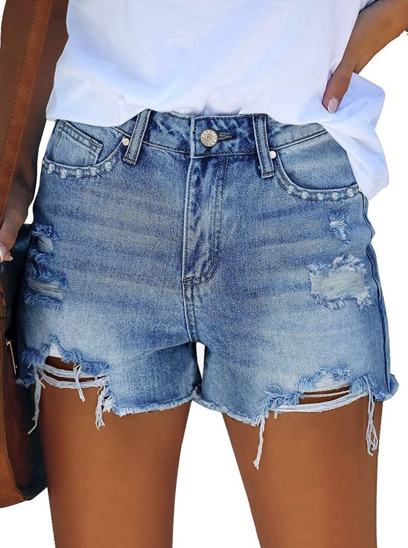 Pink Queen Women's Retro Ripped Denim Jean Shorts Mid Rise Summer Hot Raw Hem Fashion Destroyed Distressed Athletic Shorts with Pockets Light Blue M - Image 2