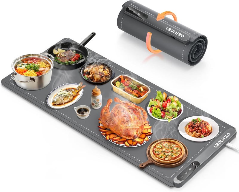 LBOLHZO Warming Mat For Food Extra Large 36"x16" 580W Food Warmer Chafing Dishes for Buffet,Food Warming Mat,Food Warmers for Parties Buffet,Portable Heating Pad 6 Level Temp 6 Hour Timer (Plus Grey) - Image 1