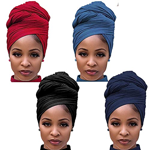 Youme Stretch Jersey Head Wrap Stretchy Knit Turban Headwraps Long Hair Scarf Urban African Head Wrap Head Band Ultra Breathable Soft Turban Tie for Women (Black Navy Blue Red Blue), Large - Image 1