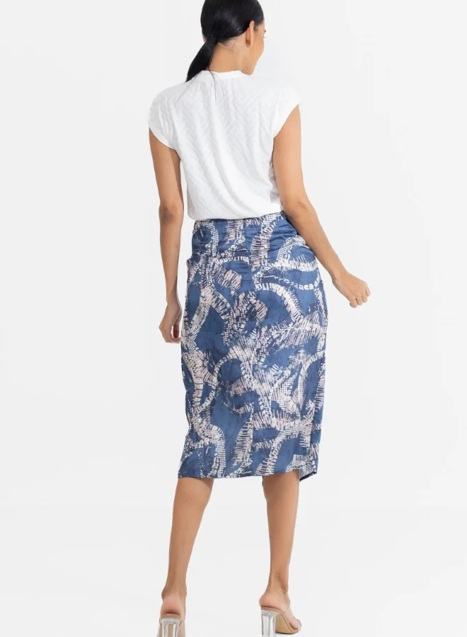 زابايوني Abstract Print High-Waisted Pencil Skirt with Side Slit - Blue and Beige Midi Skirt