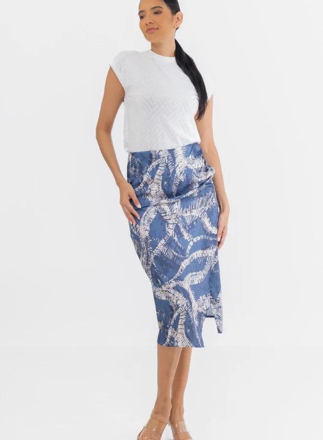 زابايوني Abstract Print High-Waisted Pencil Skirt with Side Slit - Blue and Beige Midi Skirt