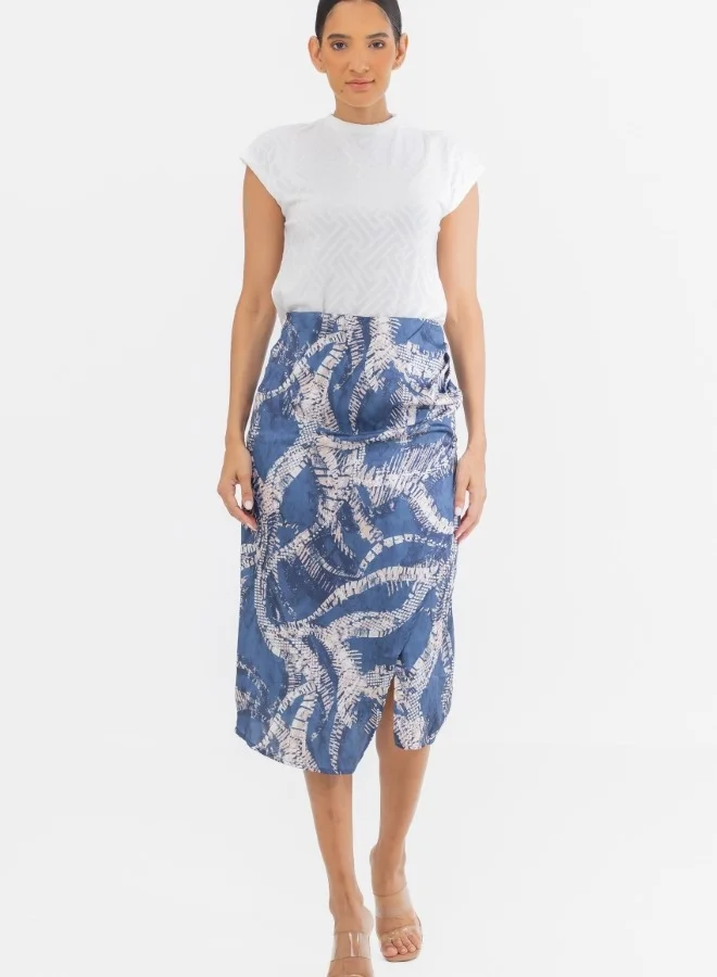 زابايوني Abstract Print High-Waisted Pencil Skirt with Side Slit - Blue and Beige Midi Skirt