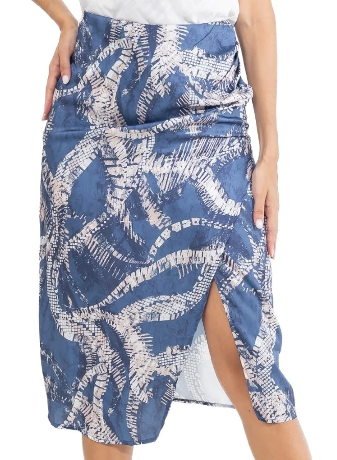 زابايوني Abstract Print High-Waisted Pencil Skirt with Side Slit - Blue and Beige Midi Skirt
