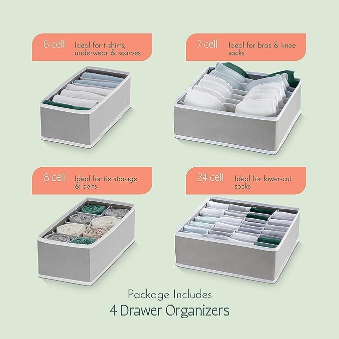 DOEASY DOEASY Sock Underwear Drawer Organizer Dividers 45 Cell Foldable Fabric Dresser Closet Organizers and Storage Bins for Clothing Baby Clothes Bra Panty Scarf Underwear TiesSet of 4Light Grey - Image 3
