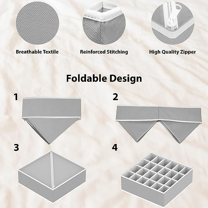 DOEASY DOEASY Sock Underwear Drawer Organizer Dividers 45 Cell Foldable Fabric Dresser Closet Organizers and Storage Bins for Clothing Baby Clothes Bra Panty Scarf Underwear TiesSet of 4Light Grey - Image 4
