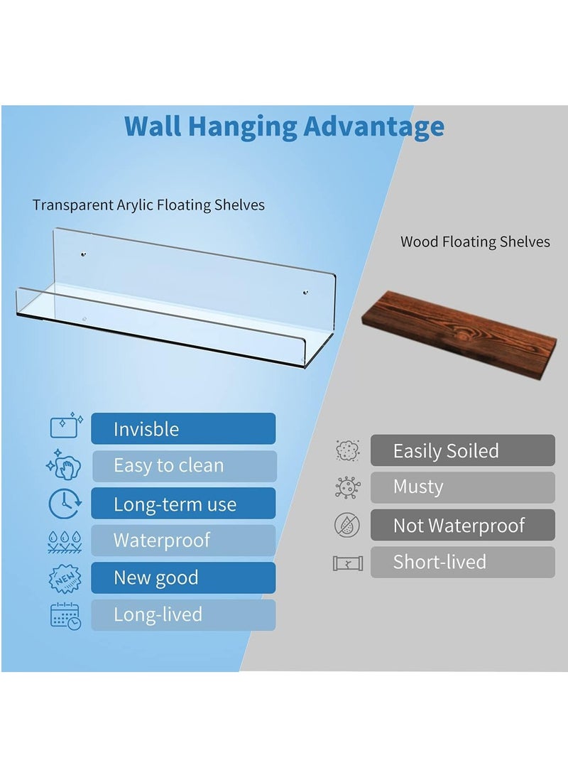 MileMelo 2 Pack Clear Acrylic Floating Shelves for Wall, No Drill Small Wall Shelves for Plants/Speaker/Webcam/Controller, Adhesive Hanging Display Shelf for Bedroom, Bathroom, Office, Living Room - Image 3